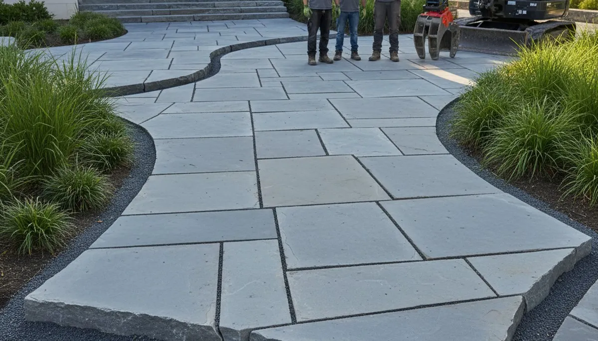 Large format stone slab paver installation by professional landscapers in Columbus, OH
