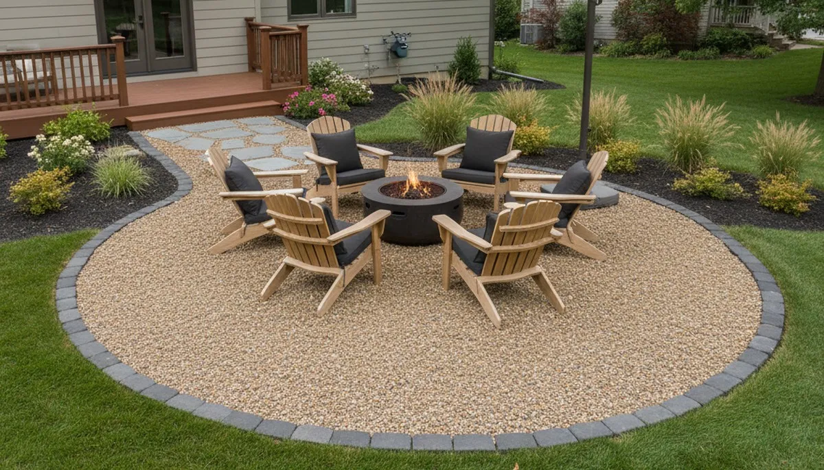 Pea gravel patio installation in Columbus, OH with defined edging and outdoor furniture setup